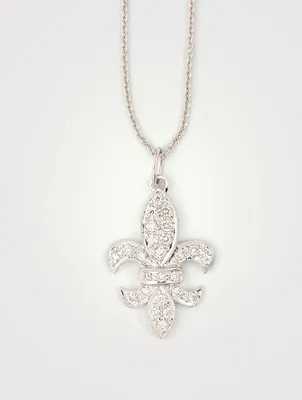 14K White Gold Medium Fleur De Lis Necklace With Diamonds