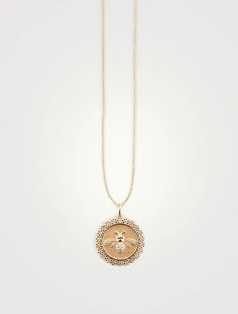 14K Gold Bee Coin Necklace With Diamonds