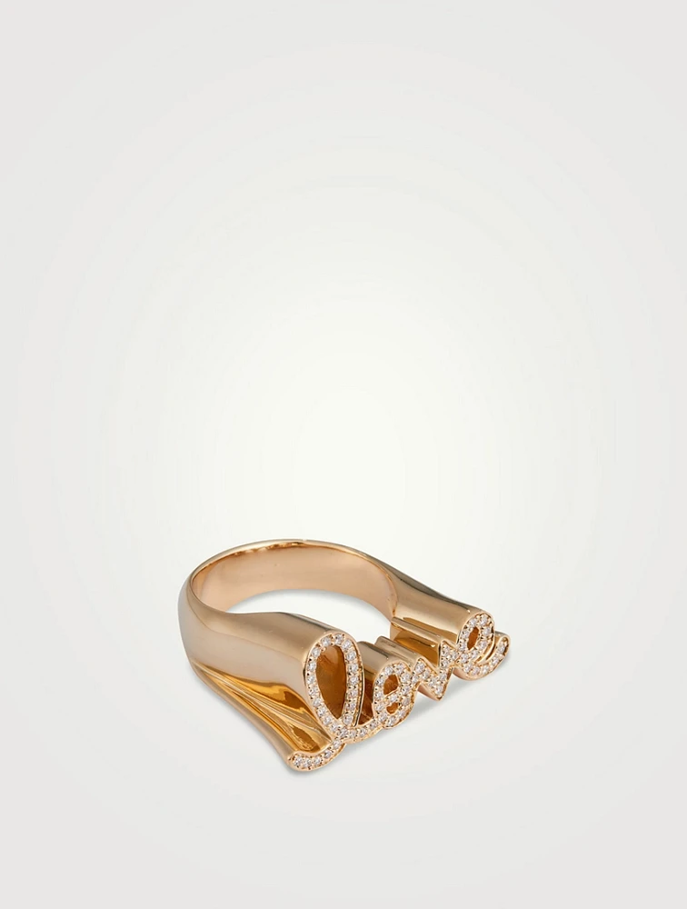 14K Gold Love Script Block Ring With Diamonds