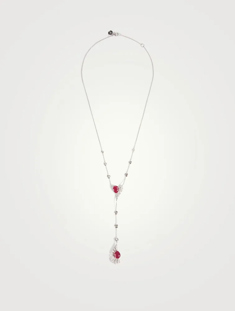 Labyrinth 18K White Gold Pendant Necklace With Diamonds and Rubies