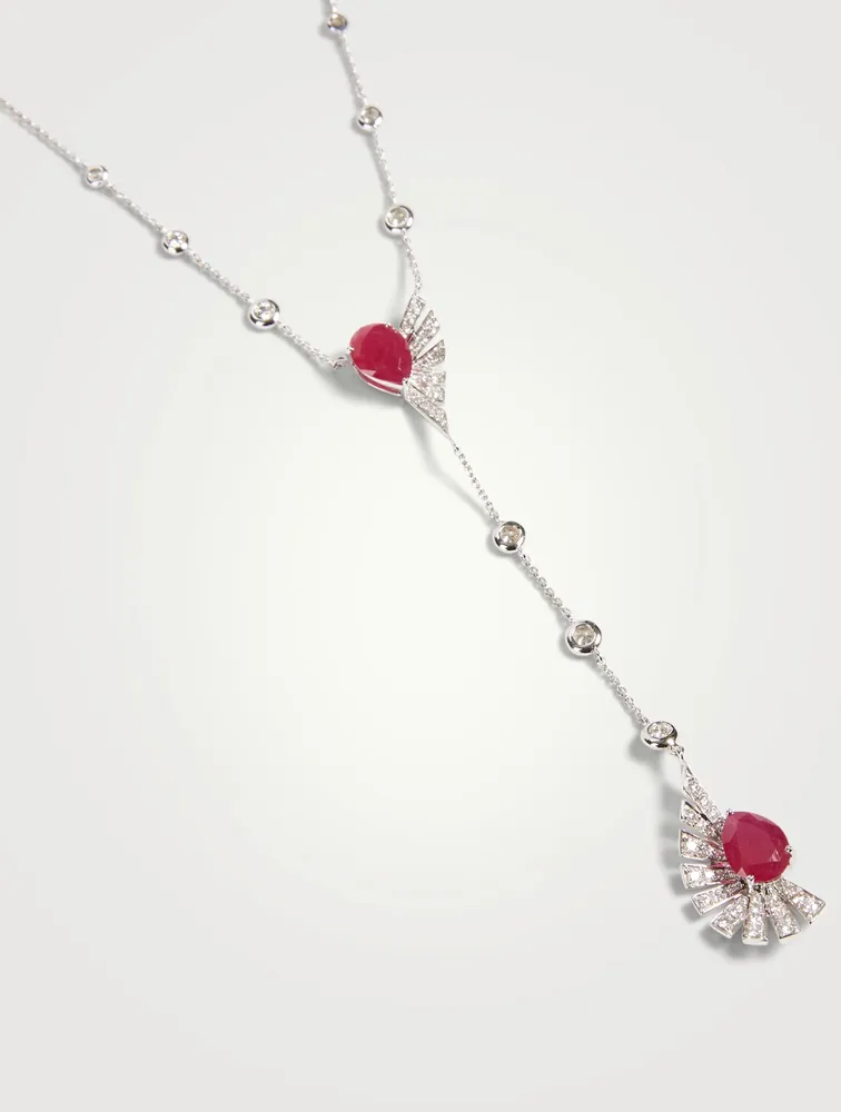 Labyrinth 18K White Gold Pendant Necklace With Diamonds and Rubies