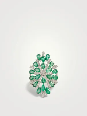 Botanica 18K White Gold Ring With Diamonds And Emerald