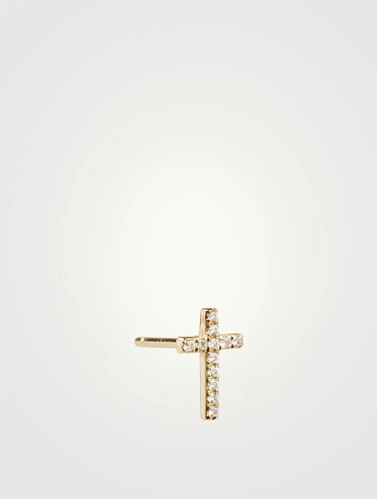 Mini 14K Gold Cross Stud Earring With Diamonds