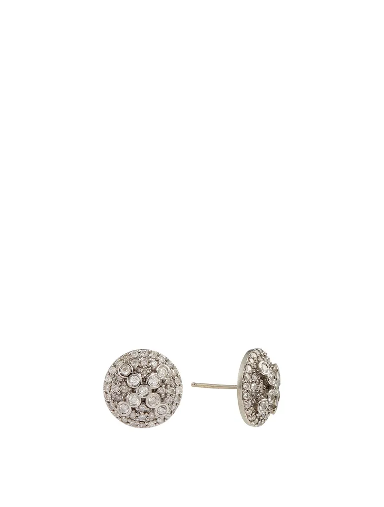 Silver Cross Dome Stud Earrings With Diamonds