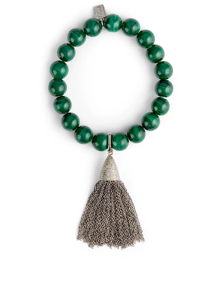 Malachite Beaded Bracelet With Diamond Tassel Charm