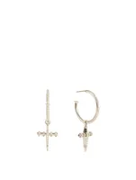 Silver Dagger Cross Hoop Earrings With Diamonds