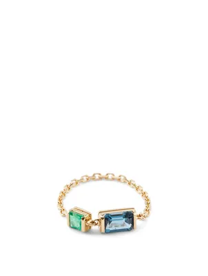 18K Gold Chain Ring With Topaz And Emerald
