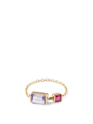 18K Gold Chain Ring With Tanzanite And Ruby