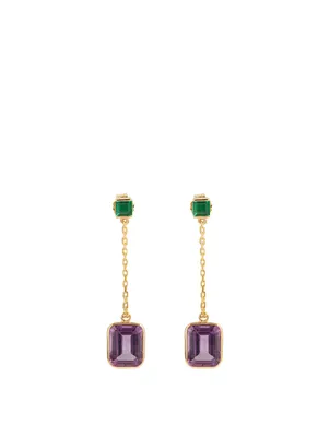 18K Gold Drop Chain Earrings With Emerald And Amethyst
