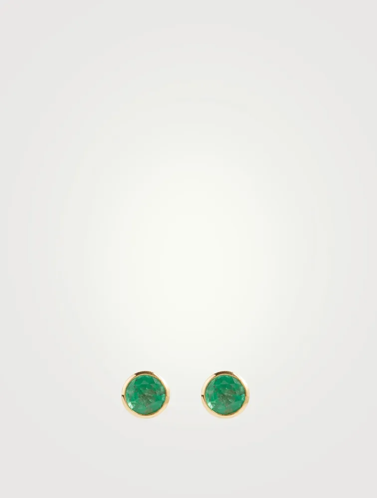 18K Gold Round Emerald Stud Earrings