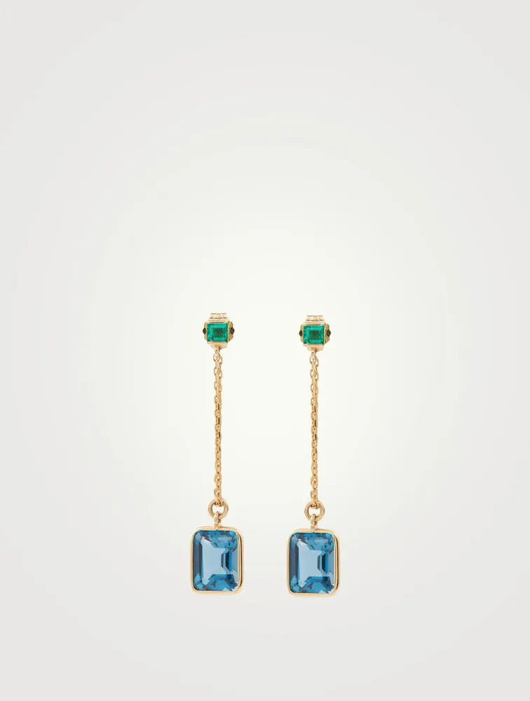 18K Gold Drop Chain Earrings With Emerald And Topaz