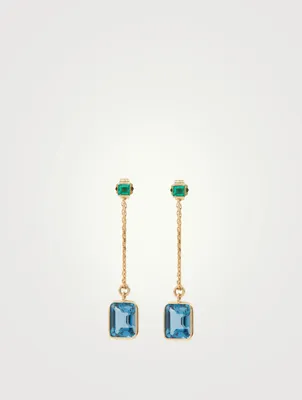 18K Gold Drop Chain Earrings With Emerald And Topaz