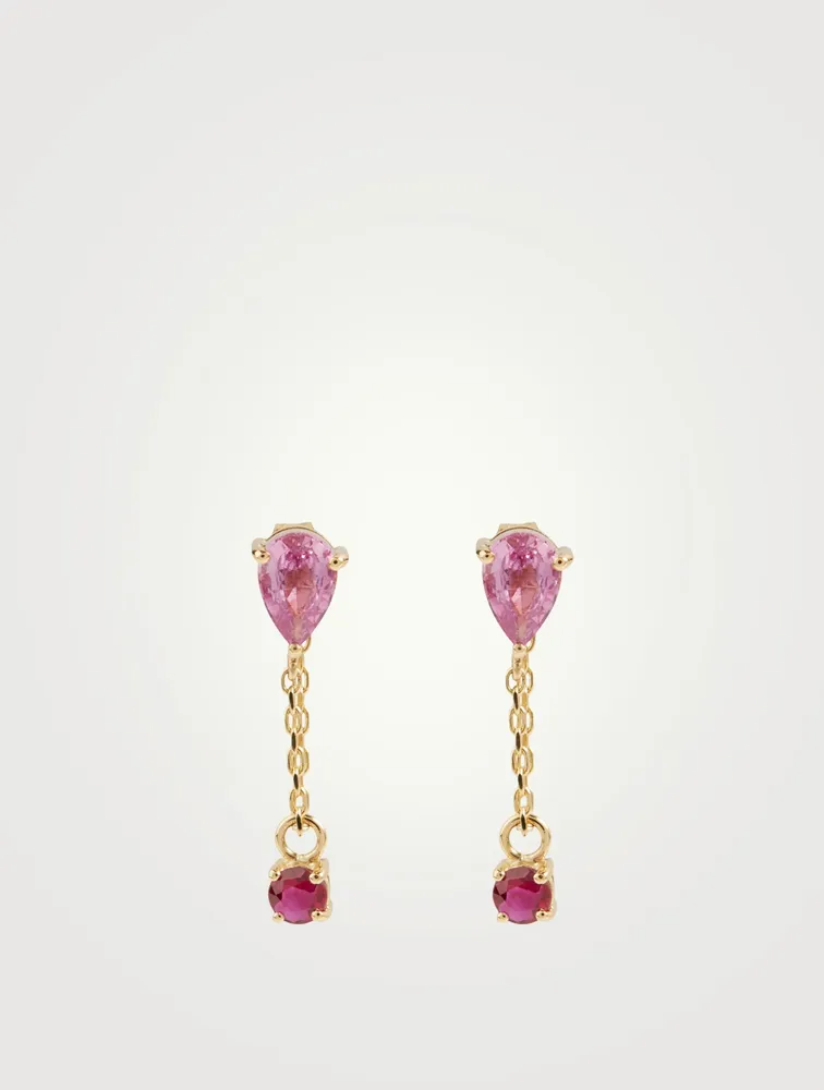 18K Gold Drop Chain Earrings With Pink Topaz And Ruby