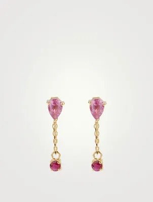 18K Gold Drop Chain Earrings With Pink Topaz And Ruby