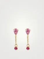 18K Gold Drop Chain Earrings With Pink Topaz And Ruby