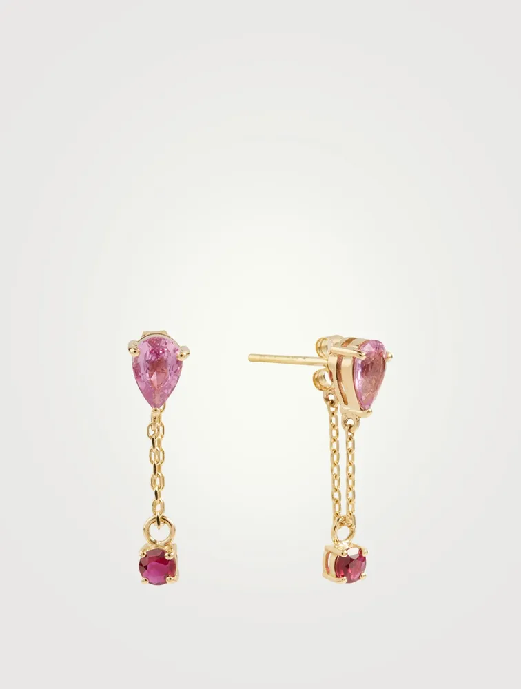 18K Gold Drop Chain Earrings With Pink Topaz And Ruby