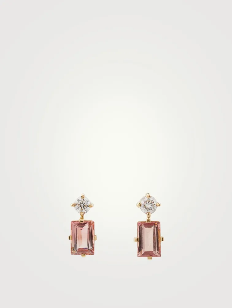 18K Gold Deco Earrings With Pink Tourmaline And Diamonds