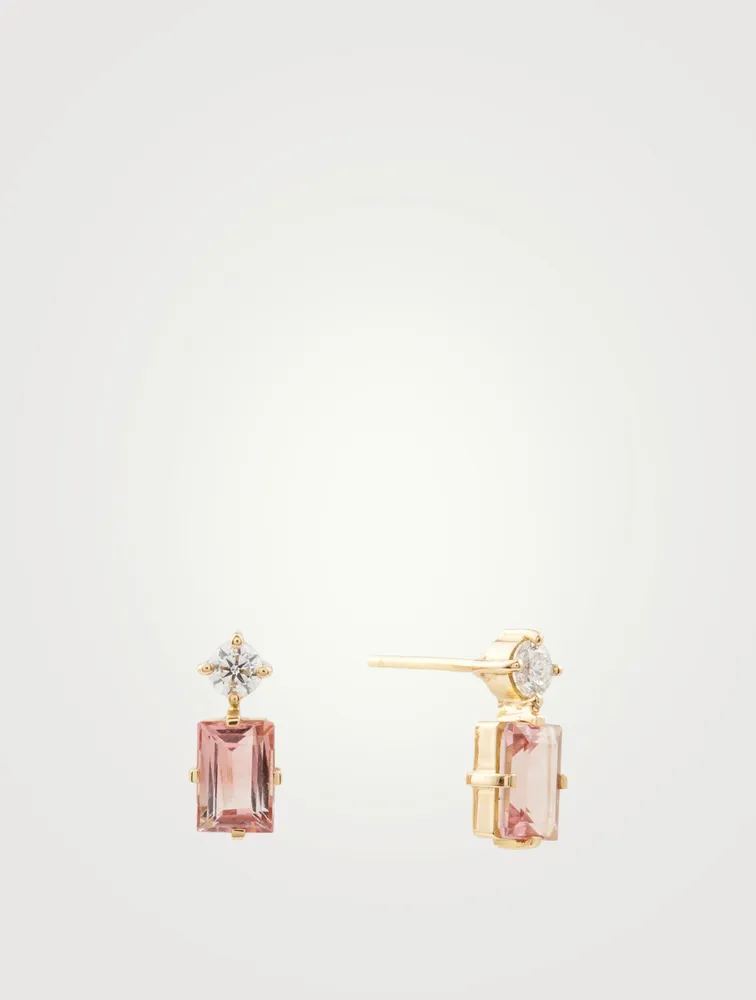 18K Gold Deco Earrings With Pink Tourmaline And Diamonds