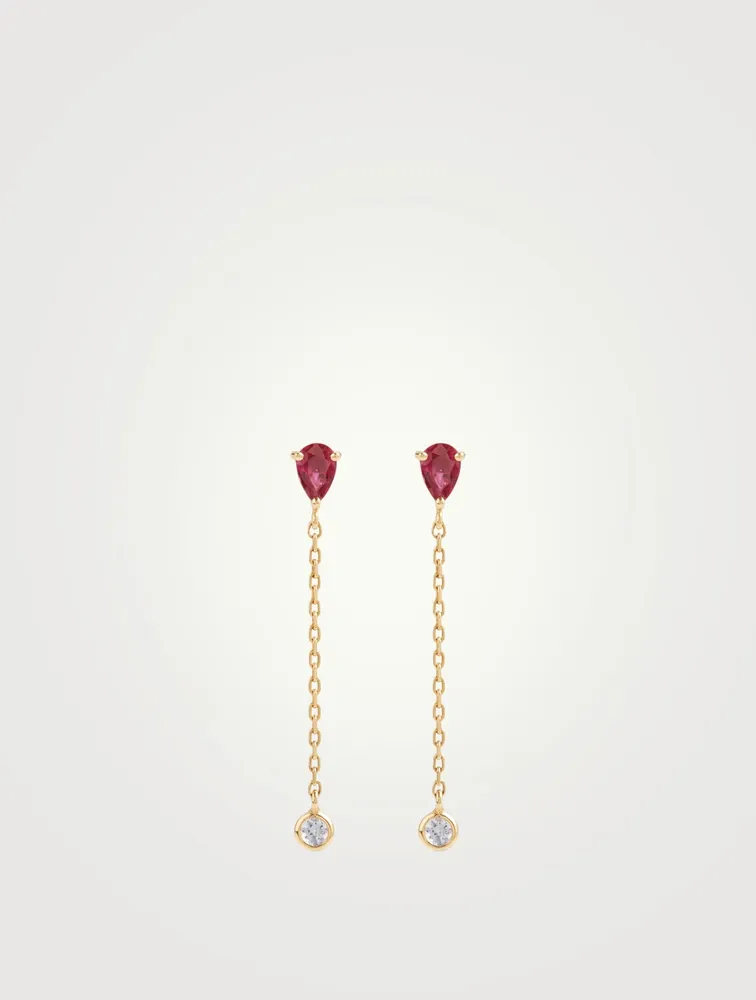 18K Gold Drop Chain Earrings With Ruby And Aquamarine