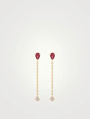18K Gold Drop Chain Earrings With Ruby And Aquamarine