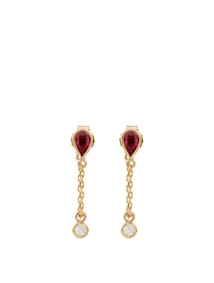 18K Gold Drop Chain Earrings With Rubies And Diamonds