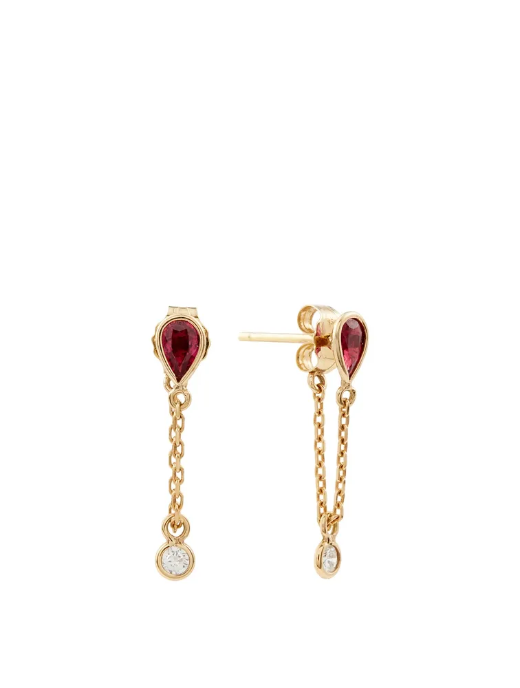 18K Gold Drop Chain Earrings With Rubies And Diamonds