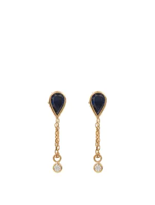 18K Gold Drop Chain Earrings With Sapphire And Diamonds