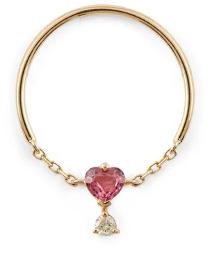 18K Gold Half Chain Ring With Pink Spinel And Diamond