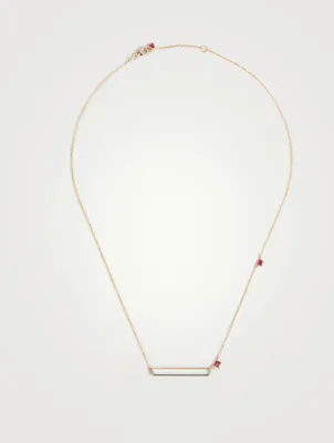 18K Gold Bar Necklace With Aquamarine And Ruby
