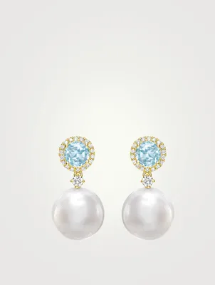 18K White Gold Pearl Drop Earrings With Diamonds And Blue Topaz