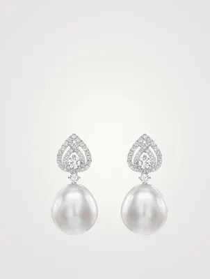Lotus 18K White Gold Pearl Drop Earrings With Diamonds