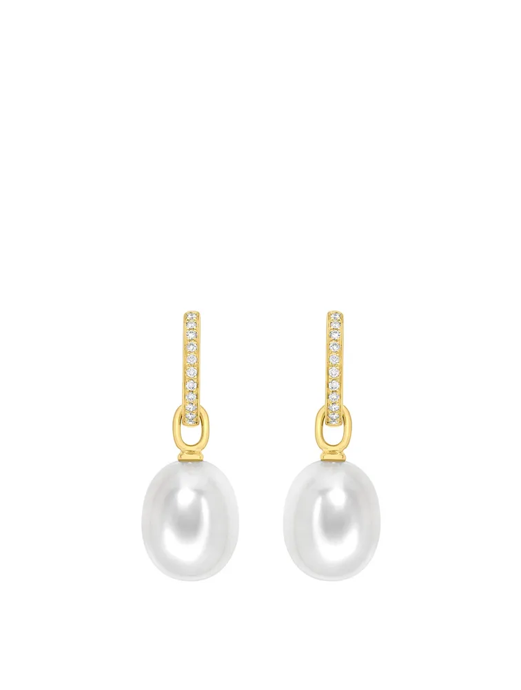 18K Gold Pearl Drop Earrings With Diamonds