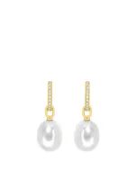 18K Gold Pearl Drop Earrings With Diamonds