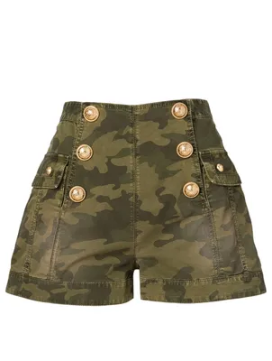 High-Waisted Denim Shorts Camouflage Print