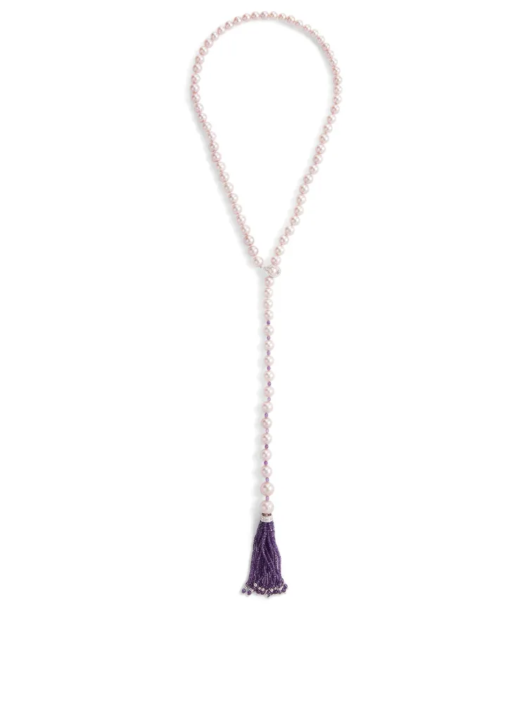18K White Gold Pearl Lariat Necklace With Diamonds