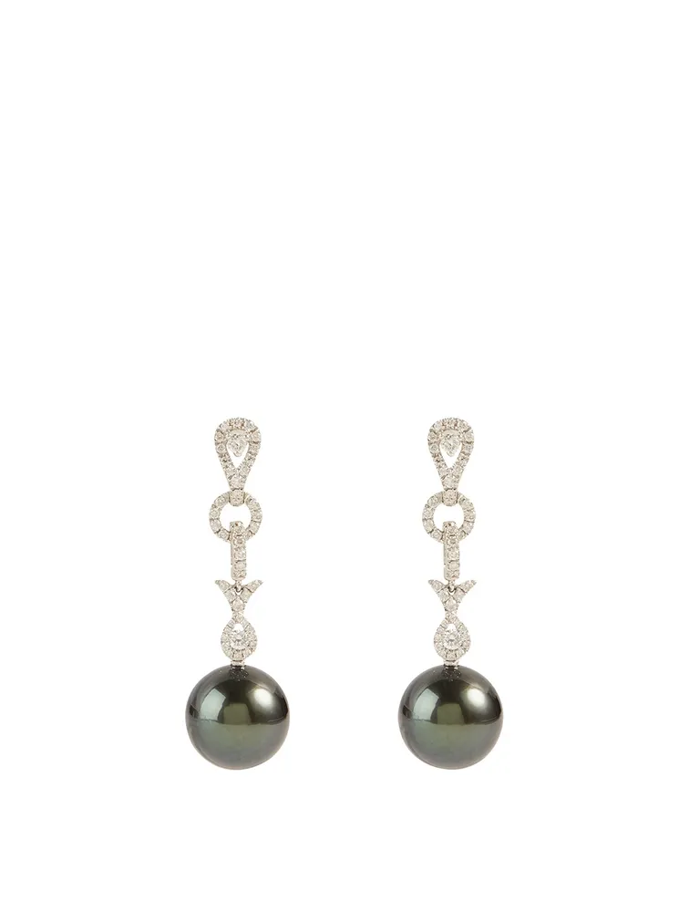 18K White Gold Tahitian South Sea Pearl Drop Earrings With Diamonds