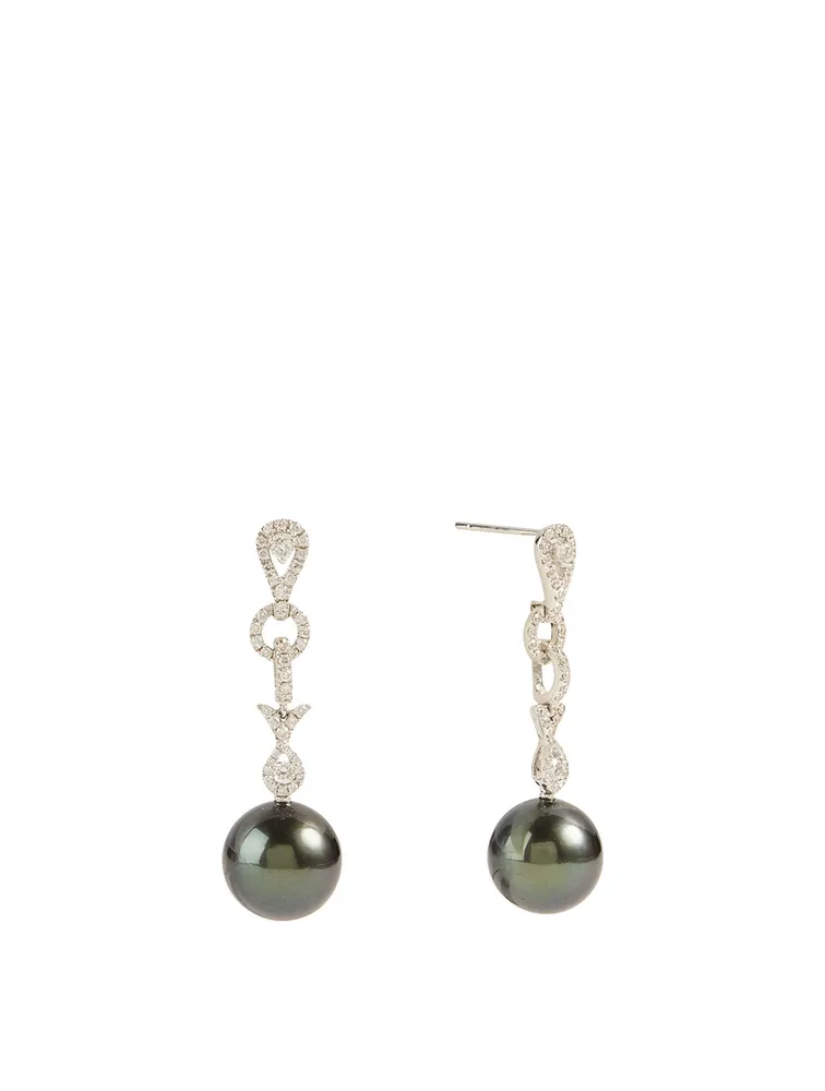 18K White Gold Tahitian South Sea Pearl Drop Earrings With Diamonds