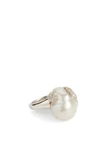 18K White Gold Australian South Sea Pearl Ring With Diamonds