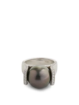 18K White Gold Tahitian South Sea Pearl Ring With Diamonds