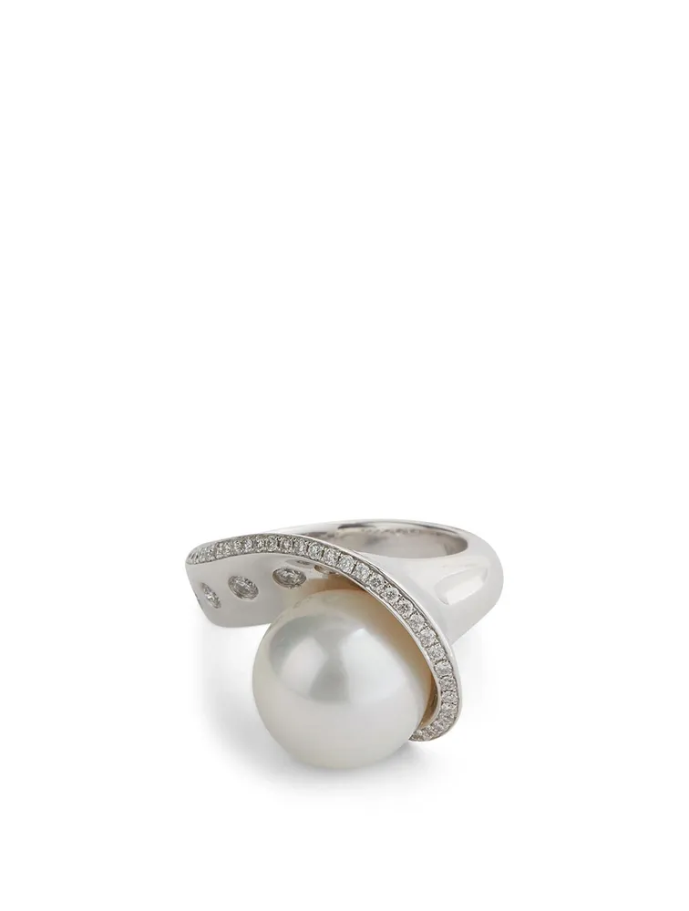 18K White Gold Australian South Sea Pearl Ring With Diamonds