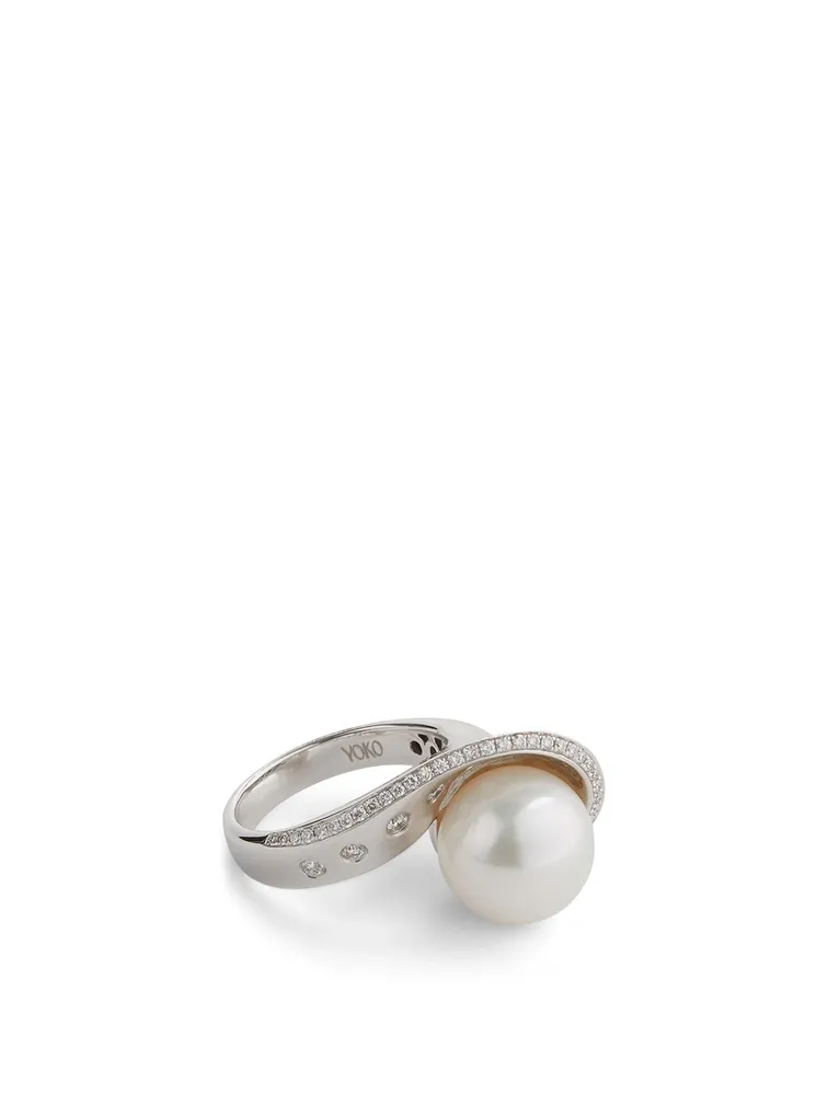 18K White Gold Australian South Sea Pearl Ring With Diamonds