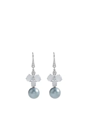 18K White Gold Tahitian South Sea Pearl Earrings With Diamonds And Chalcedony