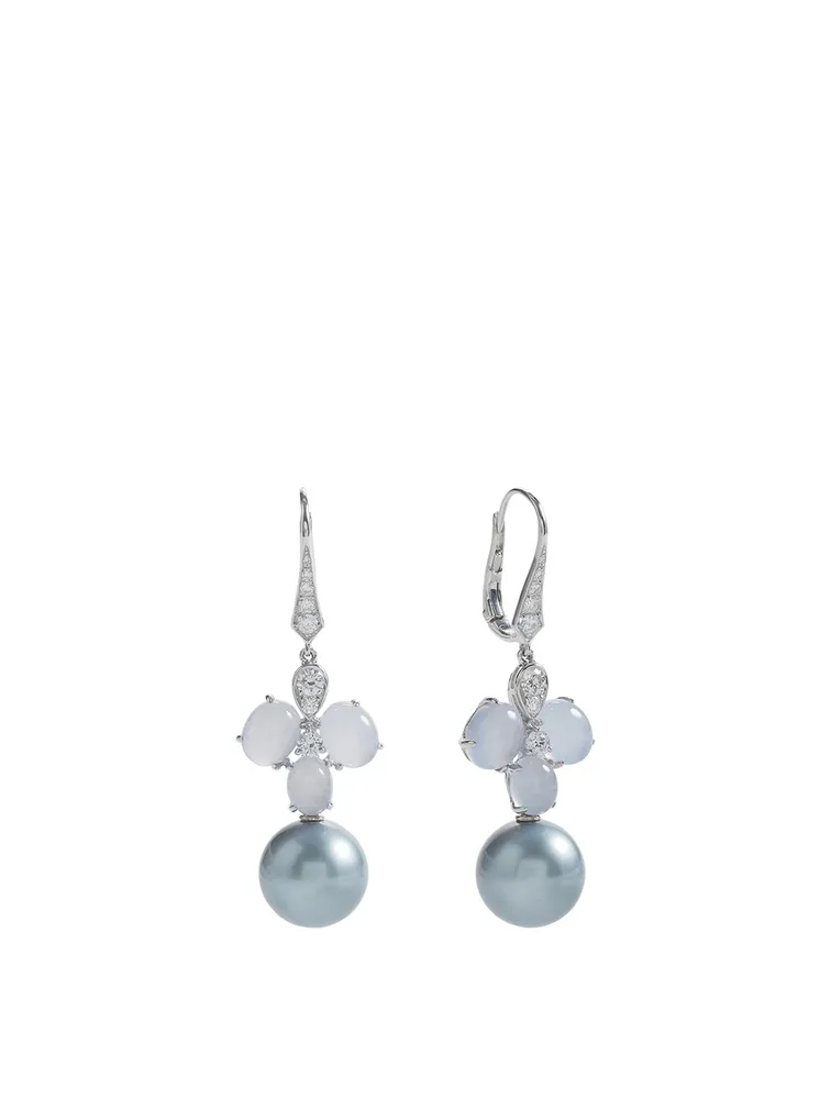 18K White Gold Tahitian South Sea Pearl Earrings With Diamonds And Chalcedony