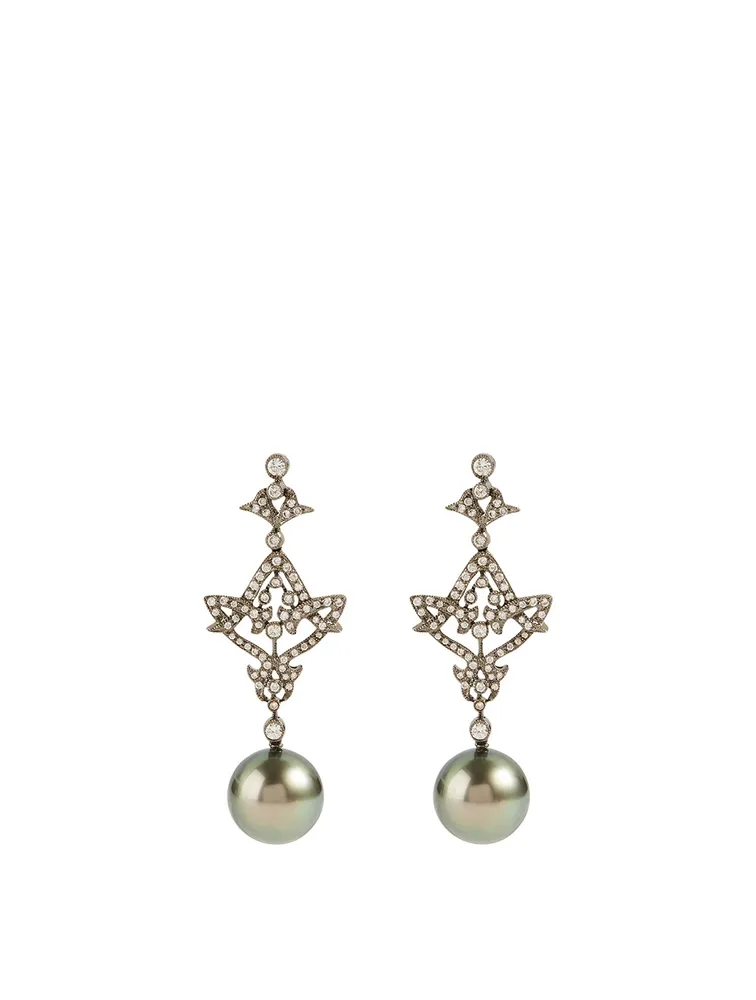 18K Black Gold Tahitian South Sea Pearl And Diamond Earrings