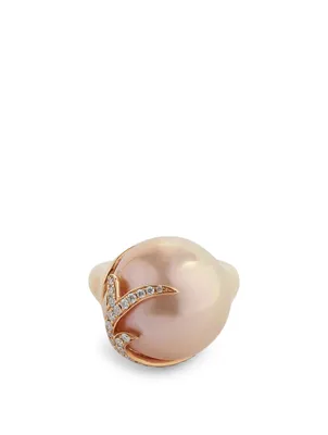 18K Rose Gold Pearl Ring With Diamonds