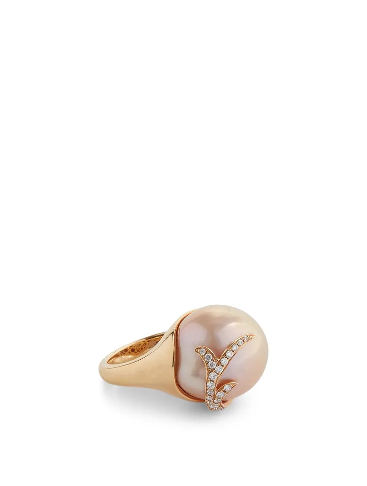 18K Rose Gold Pearl Ring With Diamonds