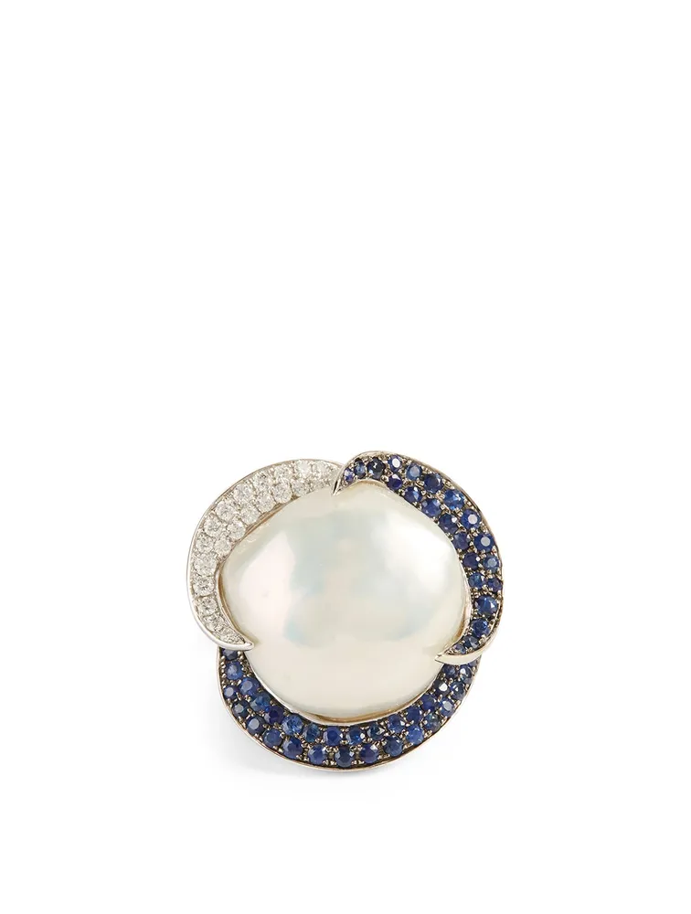 18K White Gold Australian South Sea Pearl Ring With Diamonds