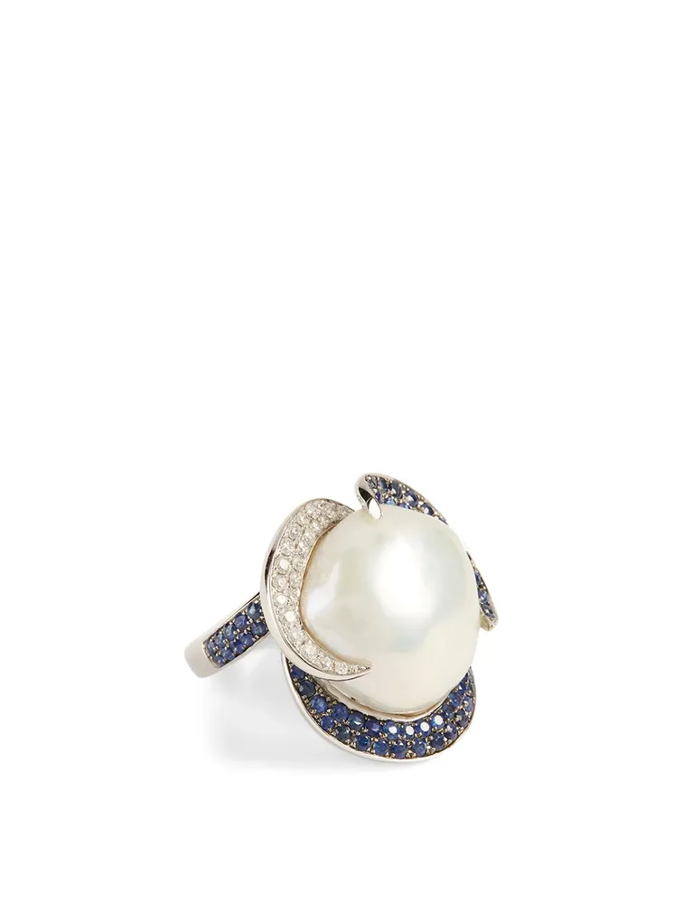 18K White Gold Australian South Sea Pearl Ring With Diamonds