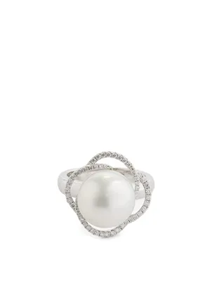 18K White Gold Australian South Sea Pearl Ring With Diamonds