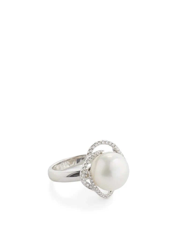 18K White Gold Australian South Sea Pearl Ring With Diamonds